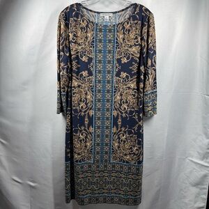 London Style Collection Women’s Elegant Navy and Gold Patterned Dress Sz 12 Midi